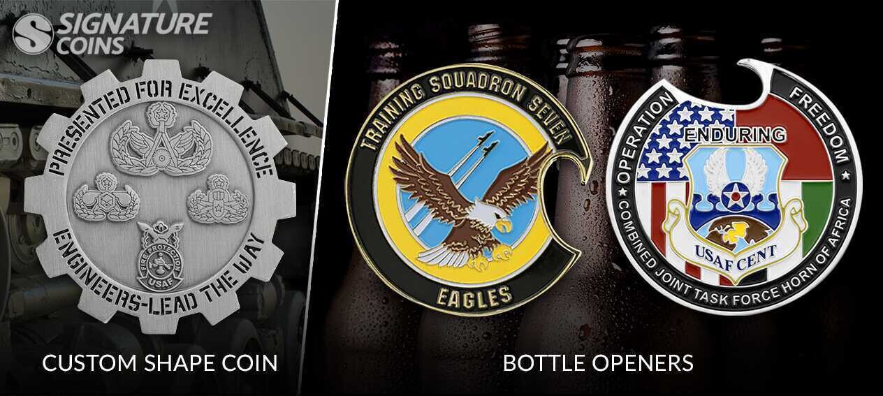 Custom coins now come in all kinds of shapes, including coins with functional bottle openers.