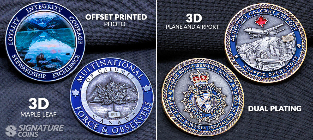 Canadian challenge coin combining 3D relief with printed photography