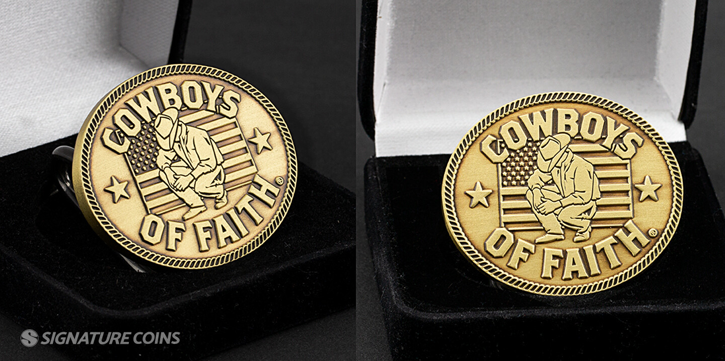 Antique gold plating on a custom challenge coin
