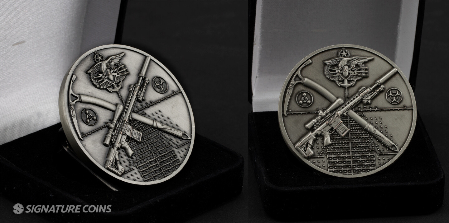 Antique nickel plating on a custom challenge coin