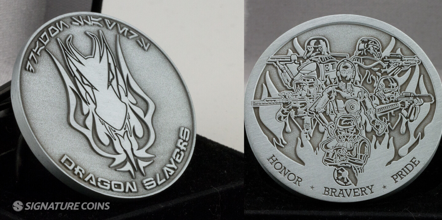 Antique silver plating on a custom challenge coin
