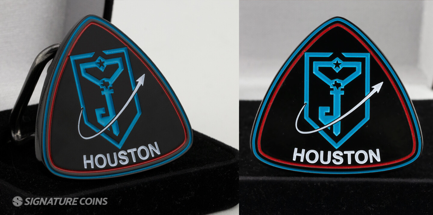 Black metal plating on a custom challenge coin