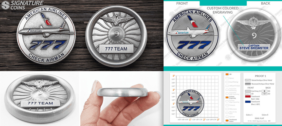 Custom Boeing 777 team employee recognition coins with presentation packaging