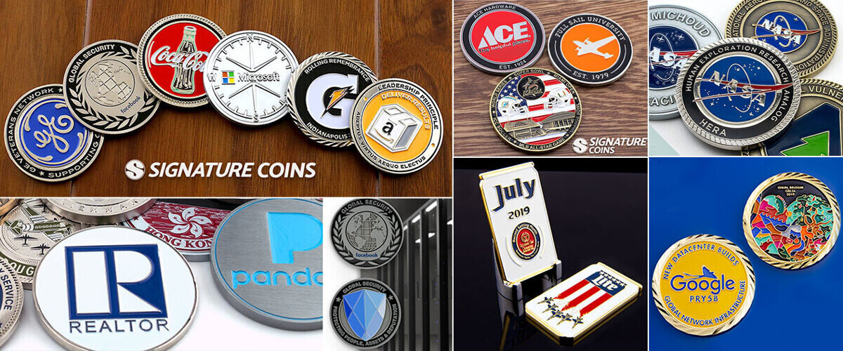 Custom employee recognition coins made for Fortune 500 companies including Coca-Cola, Google, Pandora, and NASA