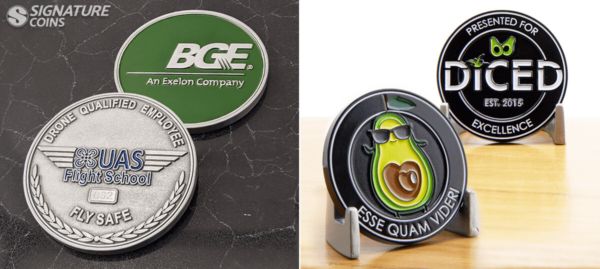 Excellence award employee recognition coins on display stands