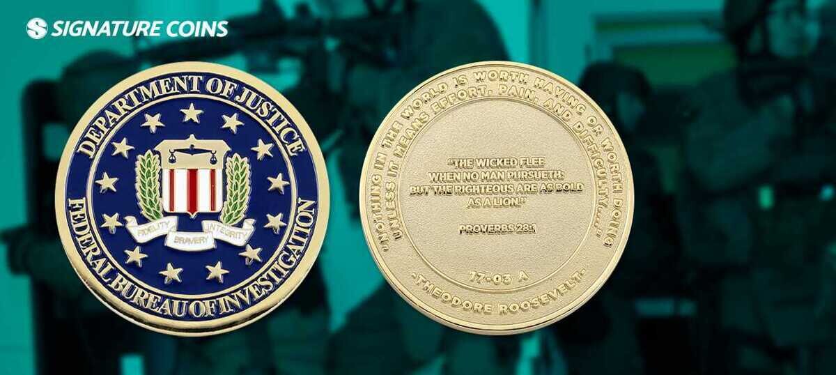 FBI challenge coin with Theodore Roosevelt quote and Proverbs passage on textured gold