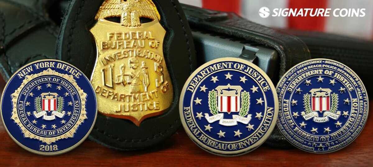 FBI gold seal challenge coins group with Pantone blue colorfill