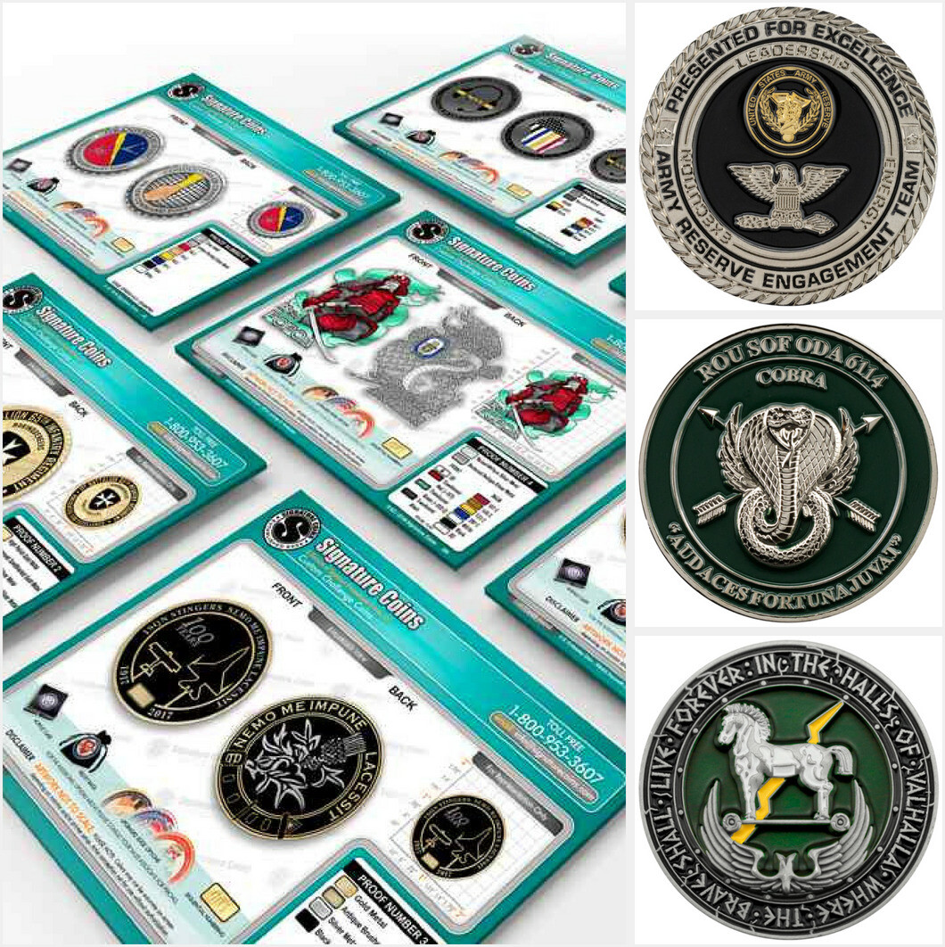 Army coin collage showing custom military honor coins by Signature Coins