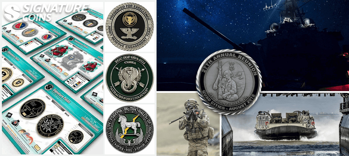 Custom Department of Defense challenge coin designs alongside scenes of naval and ground operations