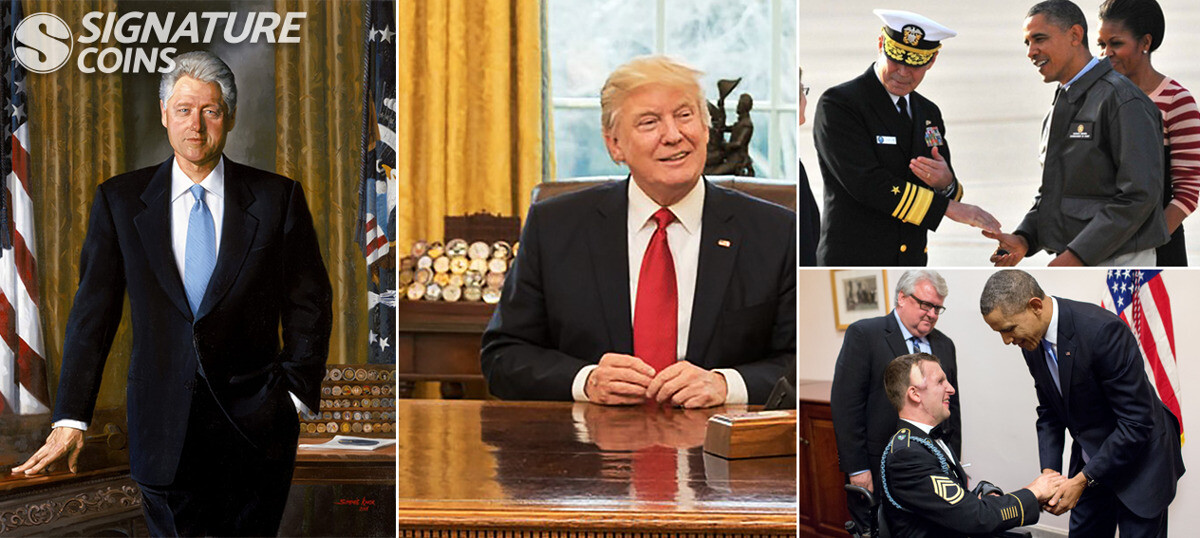 U.S. Presidents handing out custom presidential challenge coins to service members
