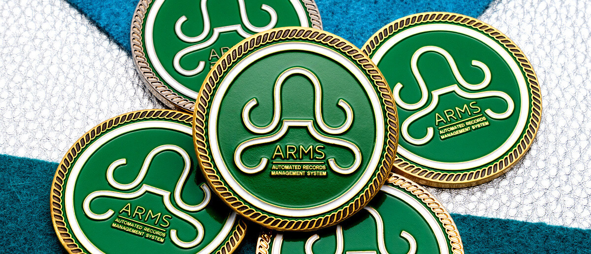 Green and gold ARMS Automated Records Management System wholesale challenge coins
