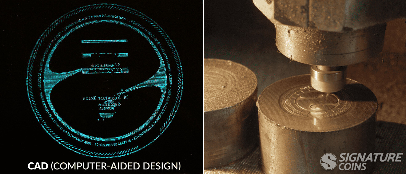 CAD software rendering a 3D coin design next to a finished steel coin mold