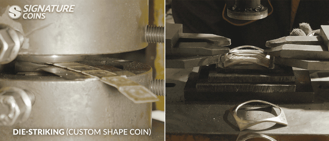 Brass strip with multiple custom-shaped coin impressions being cut apart after die striking