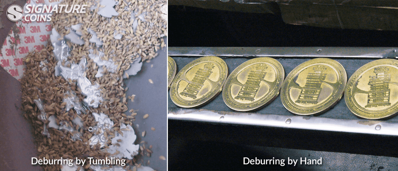 Challenge coins being deburred in a tumbling machine to smooth rough edges after die striking