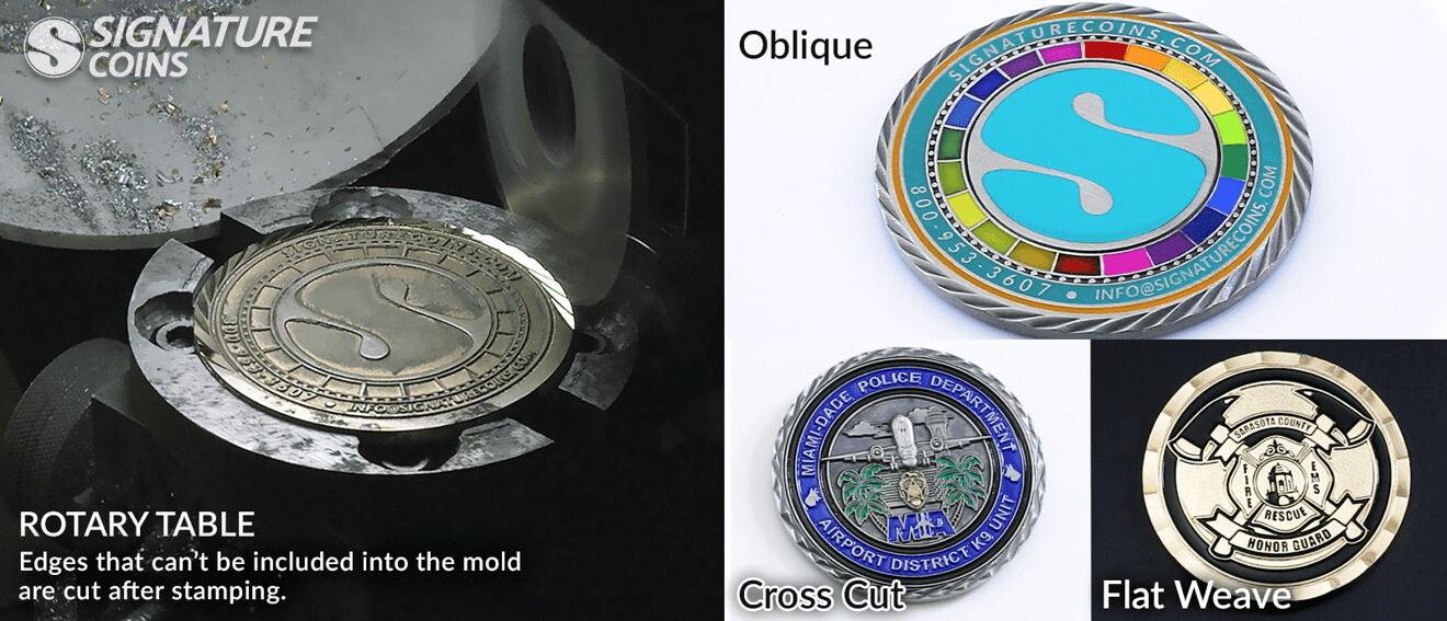 Coins loaded into a rotary table for hand-cutting intricate edge patterns