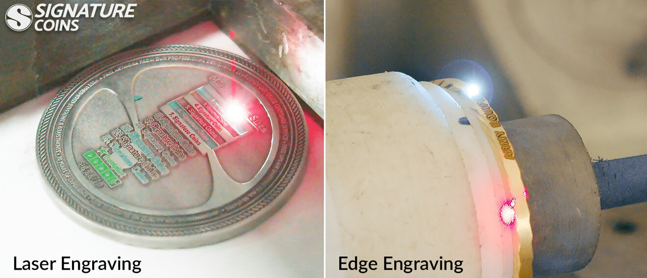 Laser engraving machine adding fine detail and sequential numbering to finished challenge coins