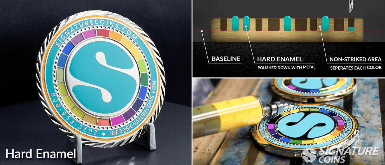 Side-by-side comparison of hard enamel coins with smooth polished surfaces versus soft enamel coins with textured recessed colorfill
