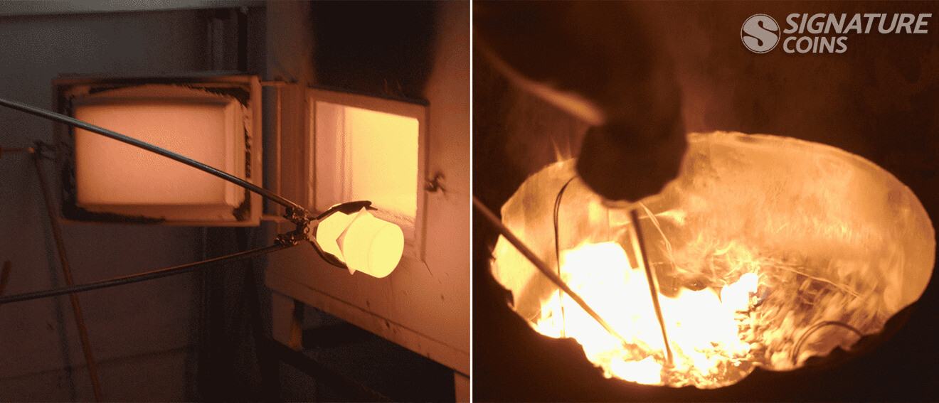 Red-hot steel coin mold being quenched in cool oil after heat treatment in a tempering oven