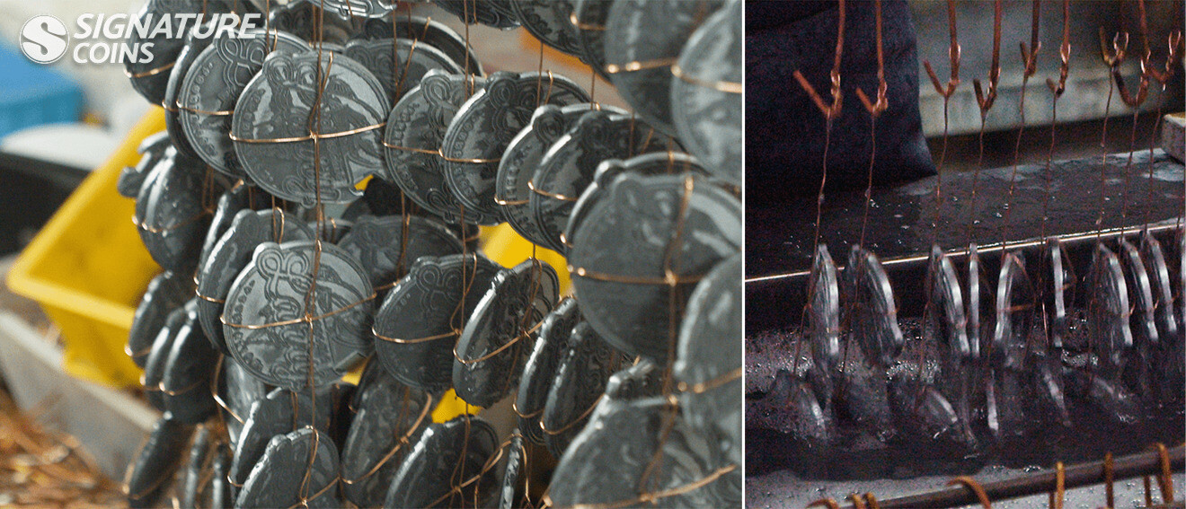 Rows of challenge coins hanging from copper wire, submerged in electroplating solution for gold plating