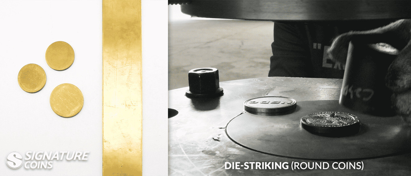 Coin press die striking round brass blanks with a custom coin design