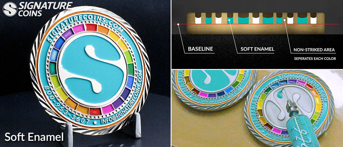 Production team member hand-filling soft enamel paint into the recessed areas of a plated challenge coin