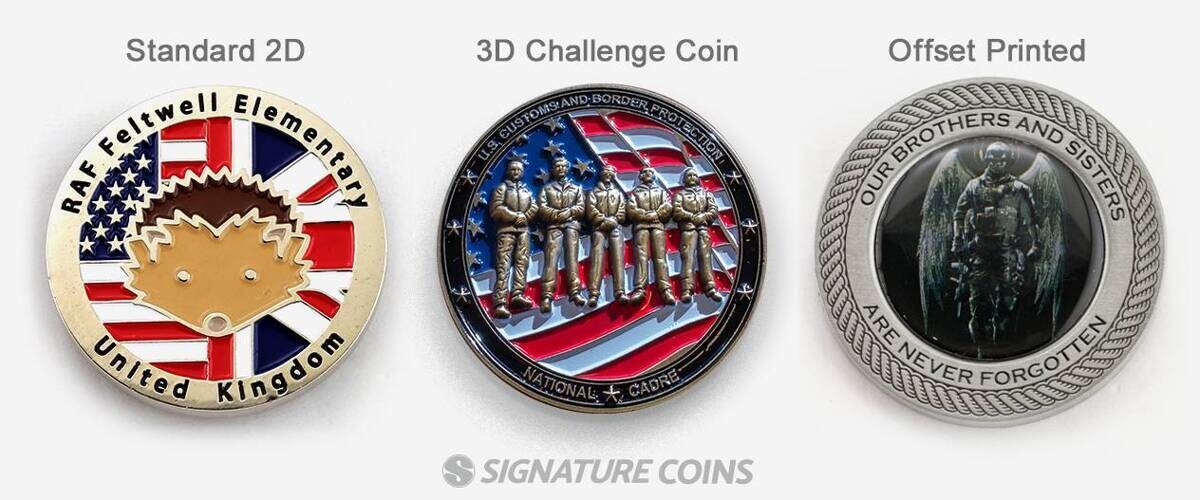 Examples of 2D, 3D, and Offset Printed Challenge Coins
