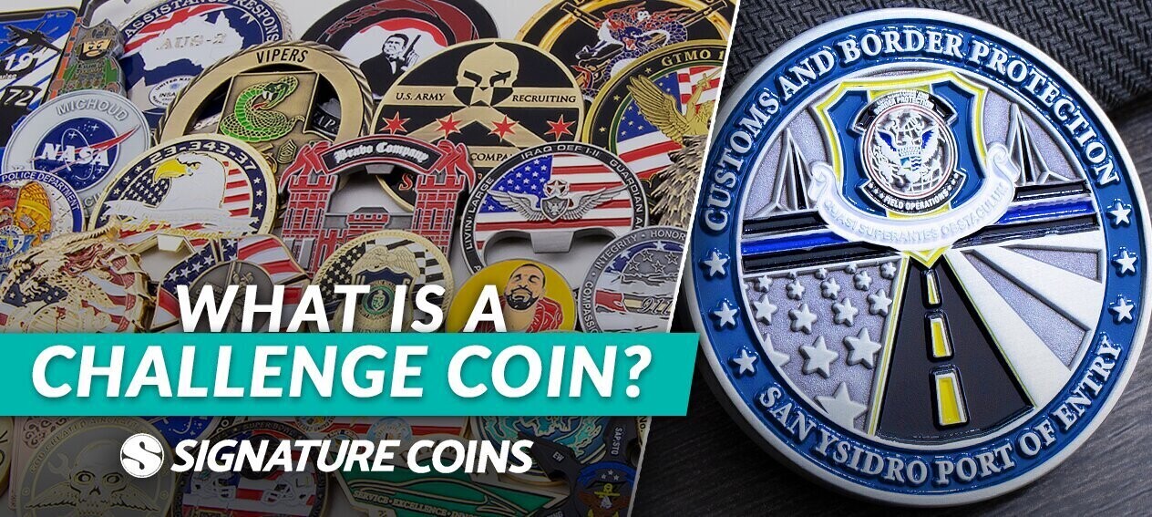 Custom challenge coins arranged to illustrate what a challenge coin is