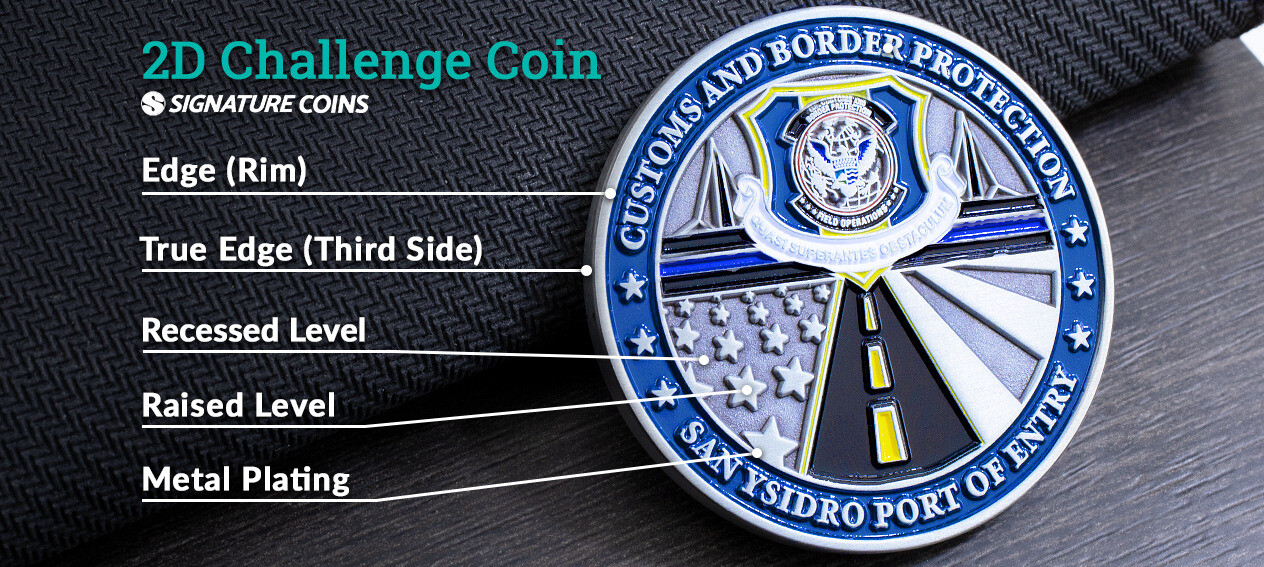 Traditional 2D challenge coin showing emblem, motto, and soft enamel colorfill