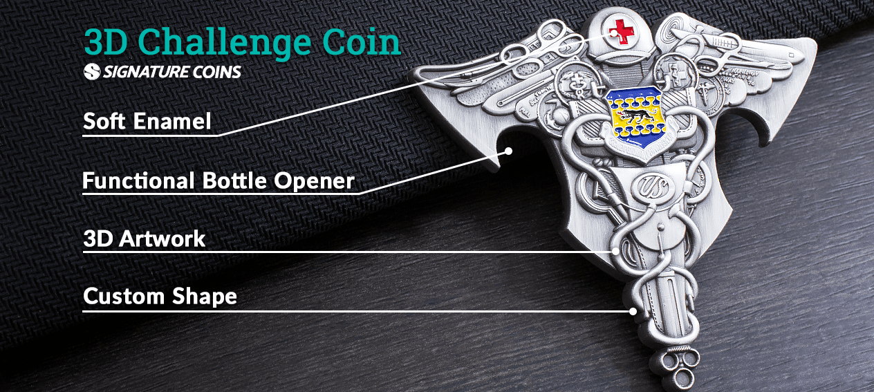 Custom-shape 3D challenge coin with a functional bottle opener cut into the bottom edge