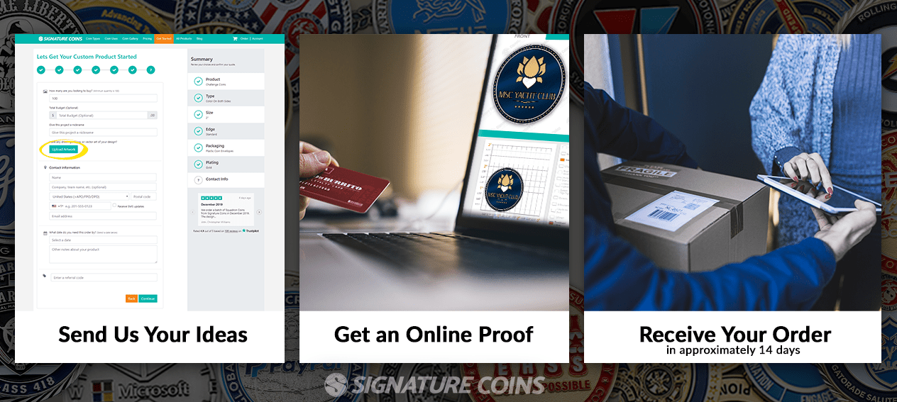 Three-step challenge coin design process — submit ideas, review proof, place order